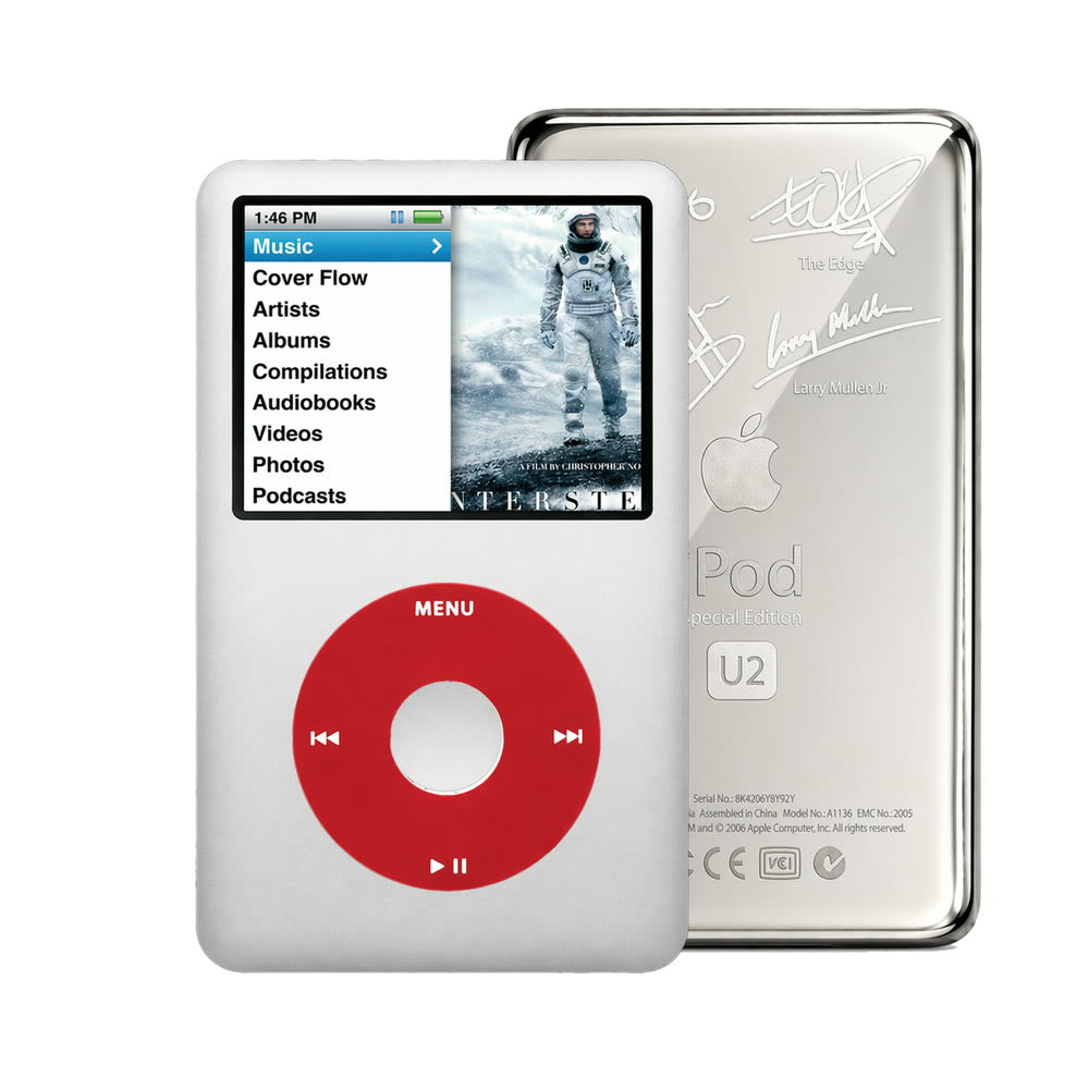 Silver refurbished iPod Classic 7th Gen with Red click wheel and Silver U2 back plate
