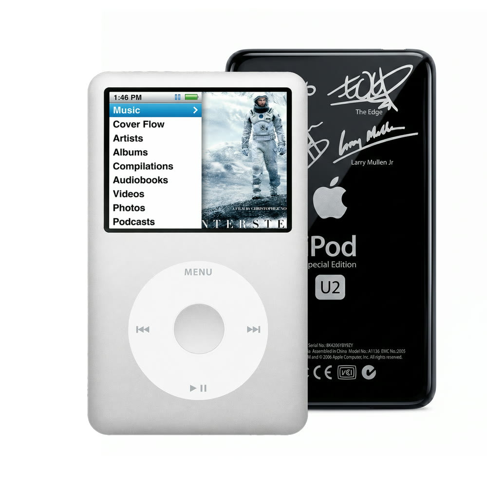 Silver refurbished iPod Classic 7th Gen with White click wheel and Black U2 back plate