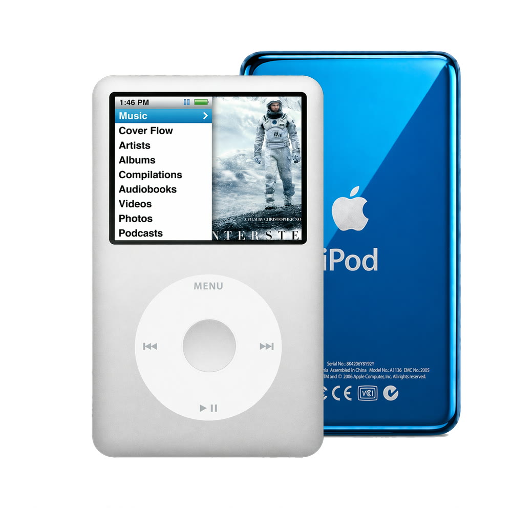 Silver refurbished iPod Classic 7th Gen with White click wheel and Blue back plate