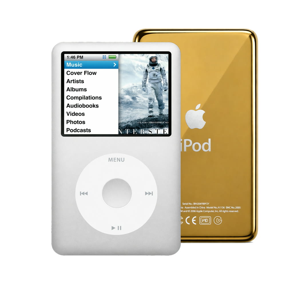 Silver refurbished iPod Classic 7th Gen with White click wheel and Gold back plate