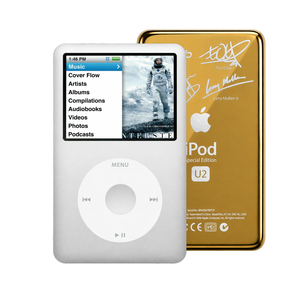 Silver refurbished iPod Classic 7th Gen with White click wheel and Gold U2 back plate