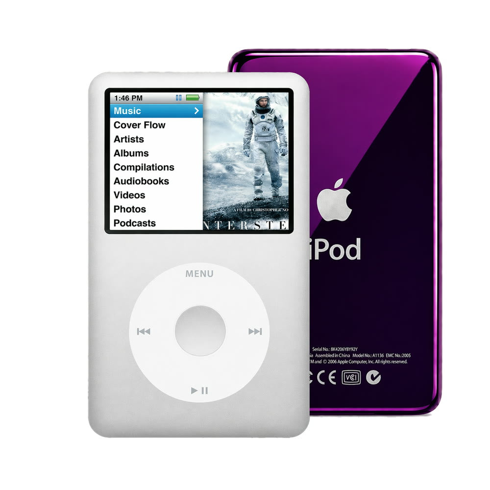 Silver refurbished iPod Classic 7th Gen with White click wheel and Purple back plate