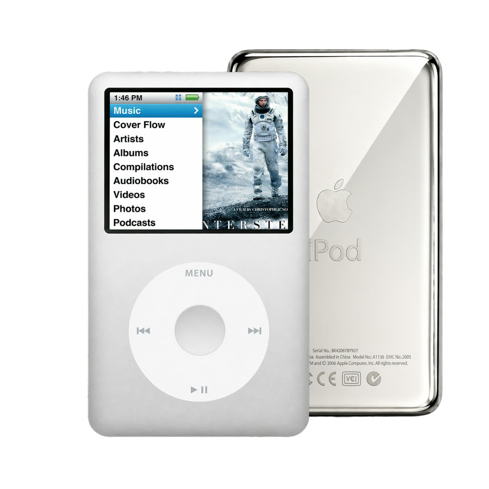 Silver refurbished iPod Classic 7th Gen with White click wheel and Silver back plate