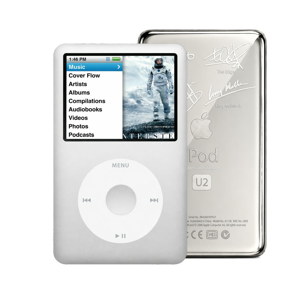 Silver refurbished iPod Classic 7th Gen with White click wheel and Silver U2 back plate